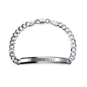 Bling Jewelry Personalize Bar Name Plated identification ID Bracelet For Men 5 MM Diamond Cut Miami Cuban Curb Link Chain Link 180 Gauge .925 Sterling Silver 9 Inch Custom Engrave