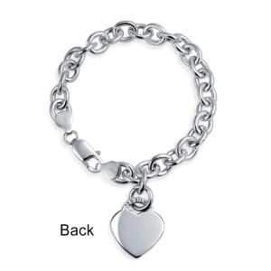 Bling Jewelry Personalized Substantial Solid Link Heart Shape Tag Charm Bracelet 8 Inch For Women Teens .925 Sterling Silver Made in Italy Custom Engraved