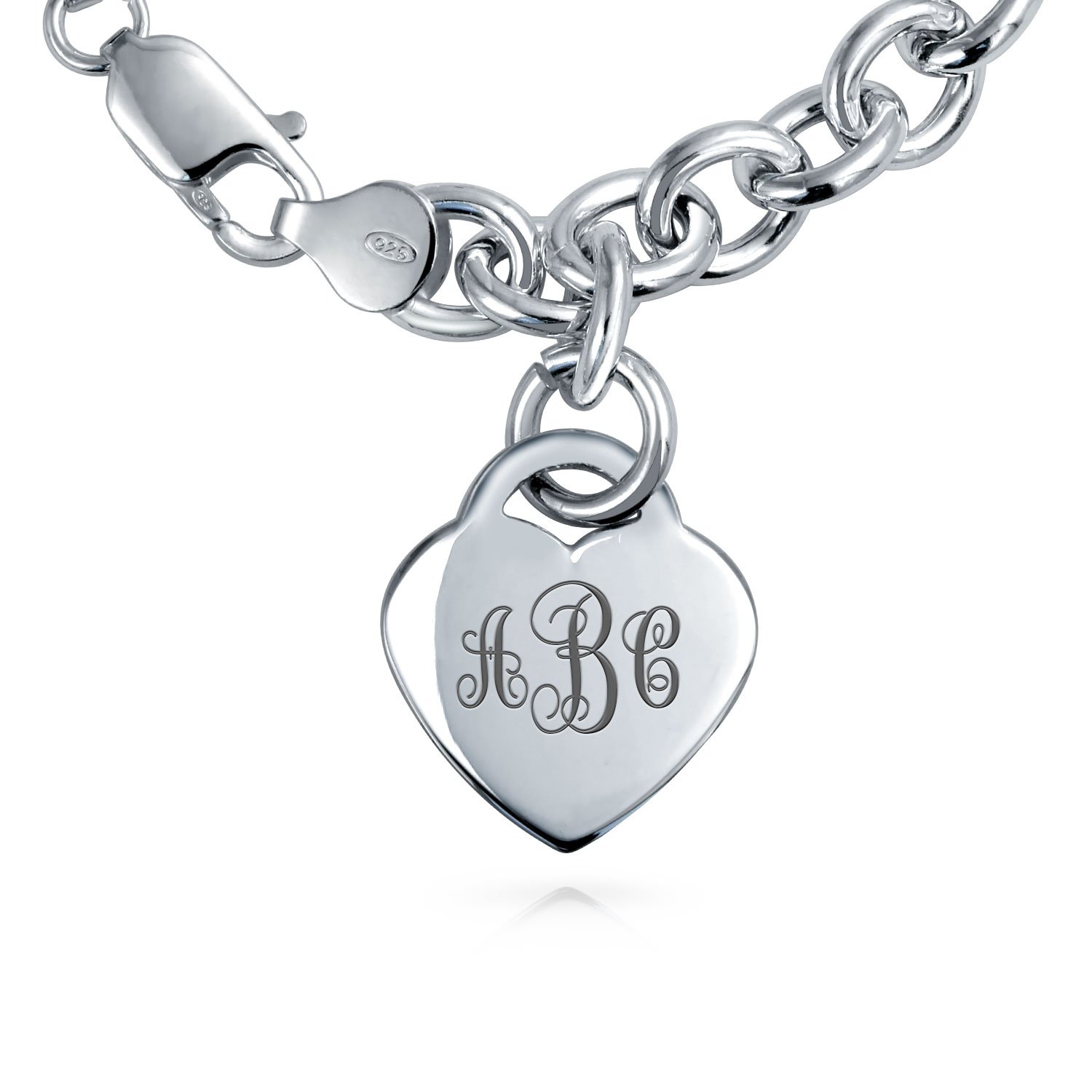 Bling Jewelry Personalized Substantial Solid Link Heart Shape Tag Charm Bracelet 8 Inch For Women Teens .925 Sterling Silver Made in Italy Custom Engraved