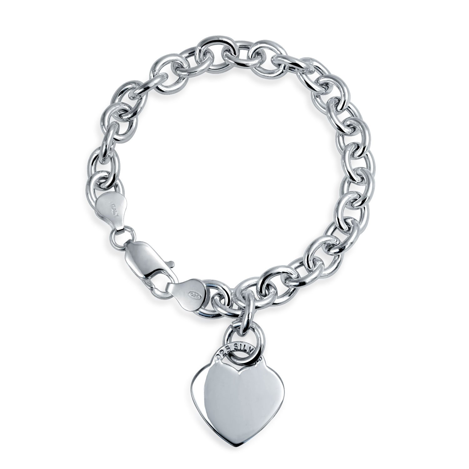 Bling Jewelry Personalized Substantial Solid Link Heart Shape Tag Charm Bracelet 8 Inch For Women Teens .925 Sterling Silver Made in Italy Custom Engraved