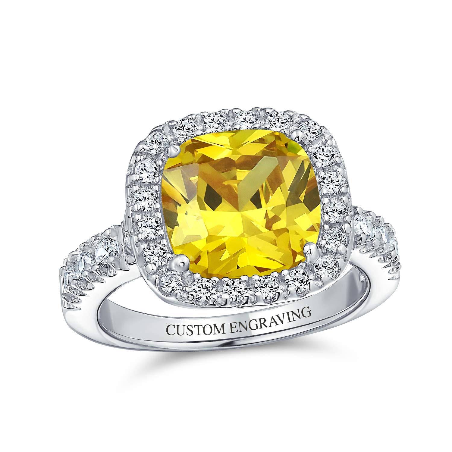 Personalize Classic Timeless 6CT AAA CZ Canary Yellow Halo Square Cushion Cut Statement Engagement Ring For Women Cubic Zirconia Pave Band .925 Sterling Silver Custom Engraved