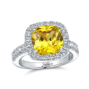 Personalize Classic Timeless 6CT AAA CZ Canary Yellow Halo Square Cushion Cut Statement Engagement Ring For Women Cubic Zirconia Pave Band .925 Sterling Silver Custom Engraved