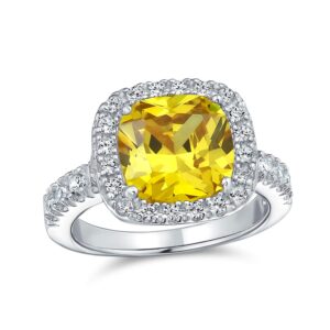 Personalize Classic Timeless 6CT AAA CZ Canary Yellow Halo Square Cushion Cut Statement Engagement Ring For Women Cubic Zirconia Pave Band .925 Sterling Silver Custom Engraved