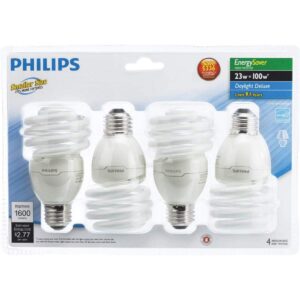 Philips LED 433557 Energy Saver Compact Fluorescent T2 Twister (A21 Replacement) Household Light Bulb: 6500-Kelvin, 23-Watt (100-Watt Equivalent), E26 Medium Screw Base, Daylight Deluxe, 4-Pack