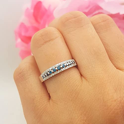 Dazzlingrock Collection 0.25 Carat (ctw) Round Blue & White Diamond Triple Row Anniversary Ring for Women in 14K White Gold Size 7