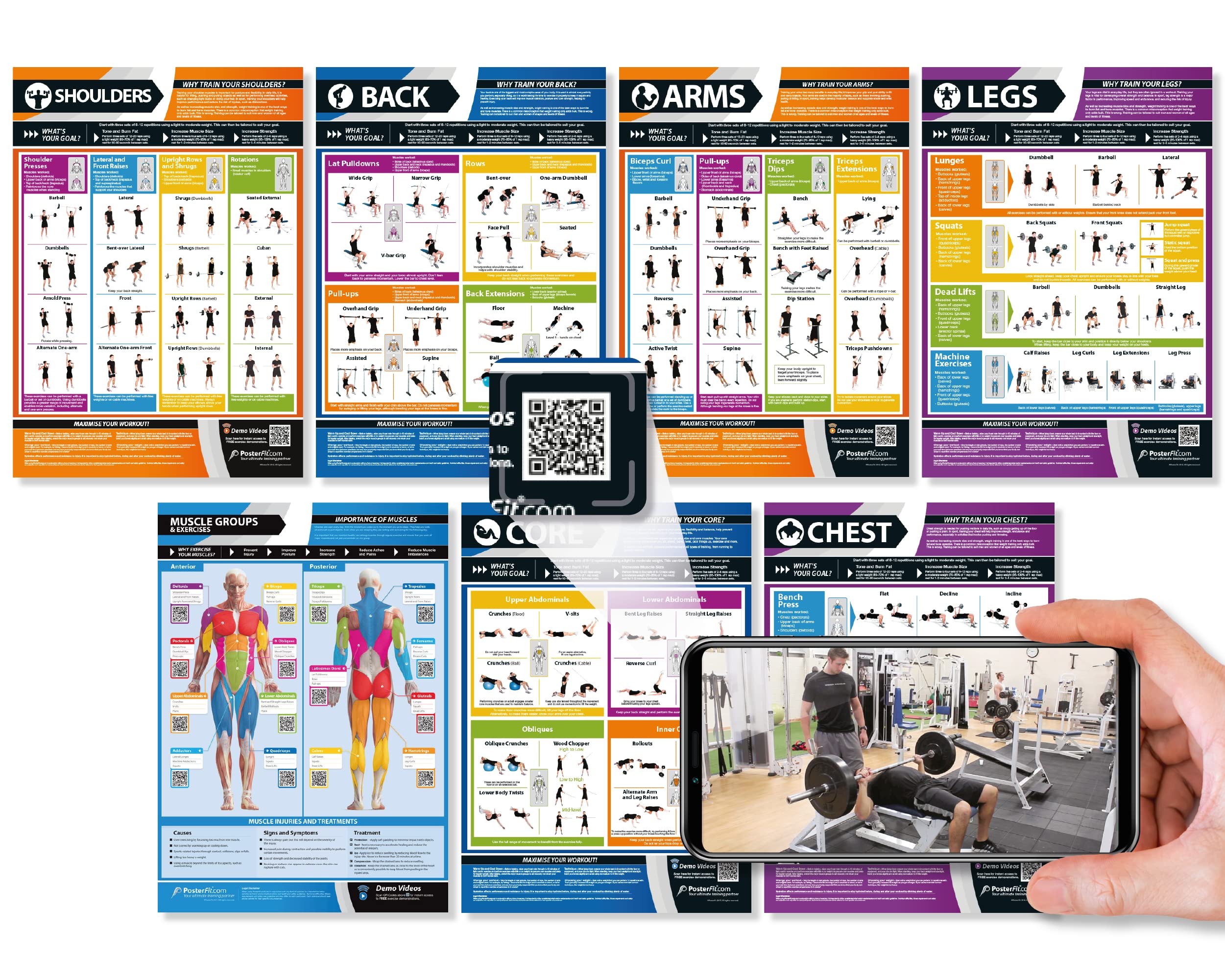 Gym Workout Posters - Set of 7 - Laminated - EXTRA LARGE 33" X 23.5" - Exercise Posters - Gym or Home Workout Charts - Includes Video Training Support