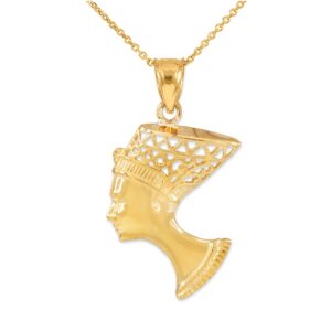 10K Yellow Gold Egyptian Queen Nefertiti Filigreed Bust Pendant Necklace, 18" Rolo Chain