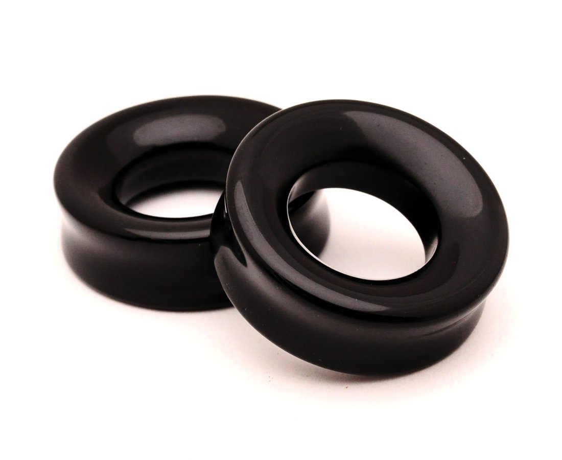 Mystic Metals Body Jewelry Black Agate Stone Concave Tunnels - 1 1/8” - 28mm - Sold As a Pair