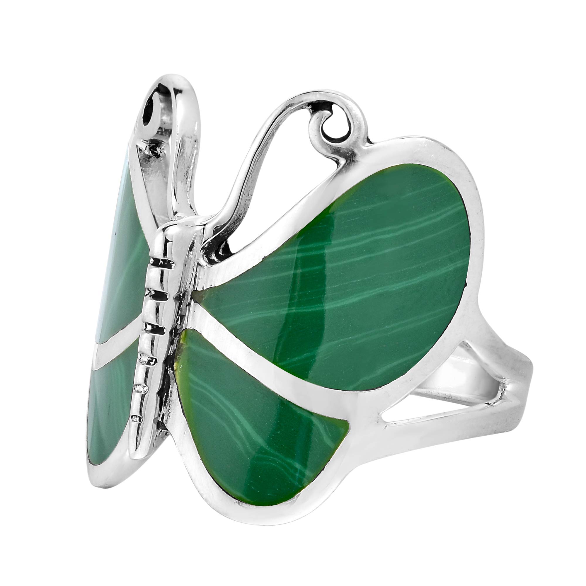 AeraVida Stunning Butterfly Motif Green Malachite Statement .925 Sterling Silver Ring | Statement Fashion, Promise Ring, Couple Unisex Ring | Size 9