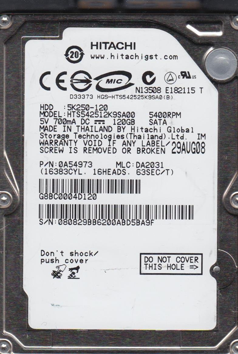 HTS542512K9SA00, PN 0A54973, MLC DA2031, Hitachi 120GB SATA 2.5 Hard Drive