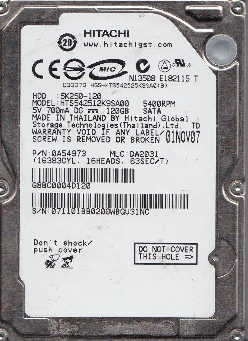 HTS542512K9SA00, PN 0A54973, MLC DA2031, Hitachi 120GB SATA 2.5 Hard Drive