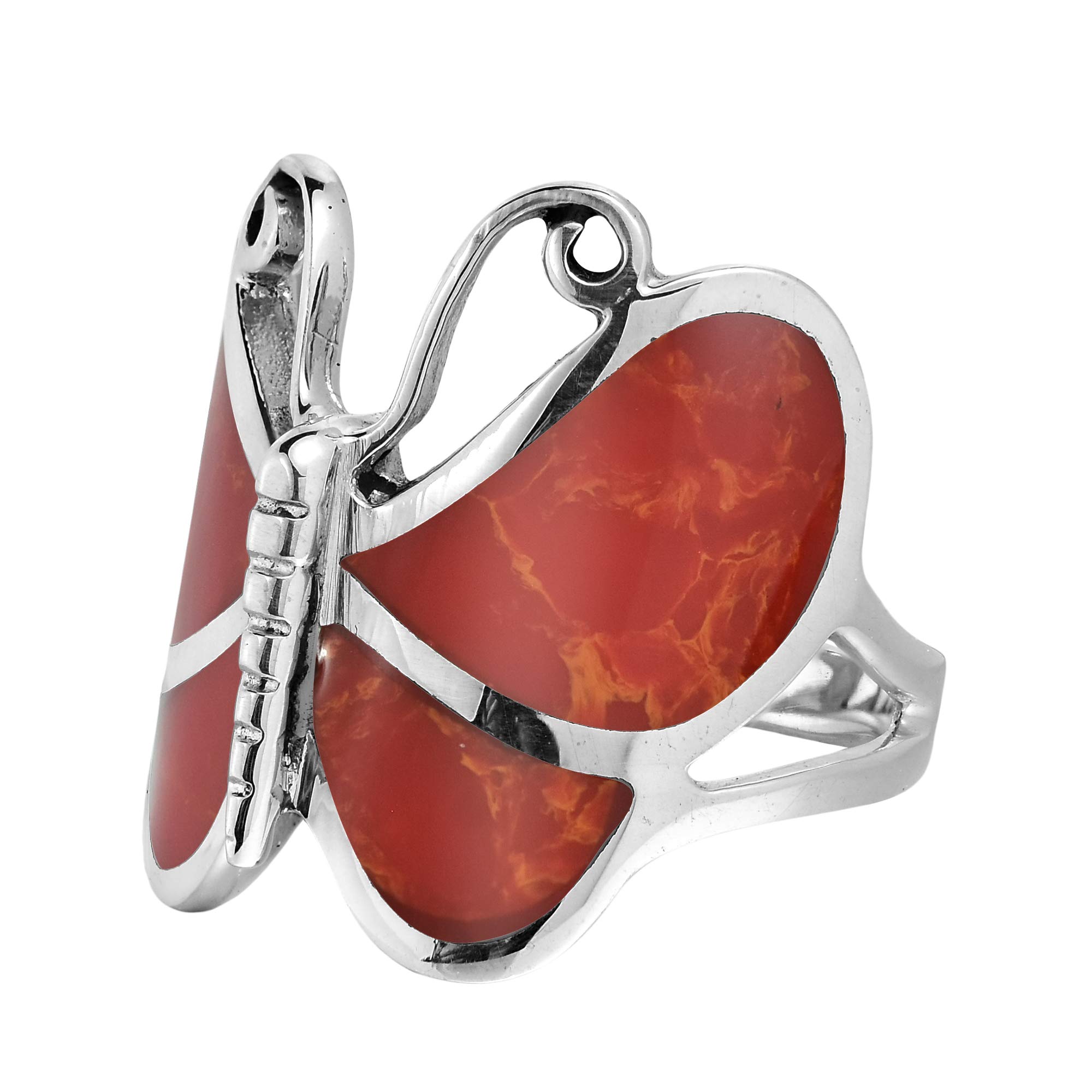 Awesome Reconstructed Red Coral Butterfly .925 Sterling Silver Ring (8)