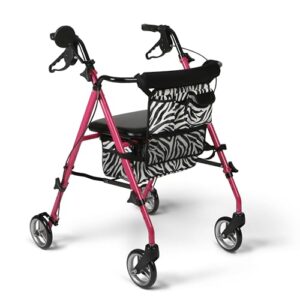 medline posh premium lightweight aluminum rollator walker, pink & zebra print, 250 lb. weight capacity, 6” wheels, water resistant, foldable, rolling walker for seniors