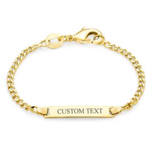 Bling Jewelry Personalized 18K Gold Plated Brass Tiny Identification Tag ID Bracelet Lightweight For Small Wrists 5 Inch Custom Engraved