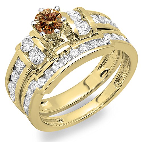 Dazzlingrock Collection 2.00 Carat (ctw) 14K Champagne & White Diamond Engagement Wedding Ring Set 2 CT, Yellow Gold, Size 6.5