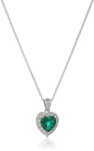 morgan & paige platinum-plated .925 sterling silver lab-grown emerald 1/2" heart pendant with white topaz halo on 18" chain necklace - may birthstone