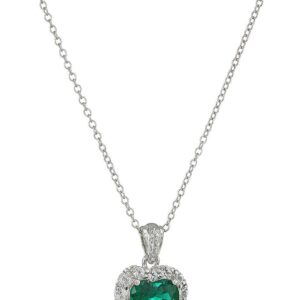 MORGAN & PAIGE Platinum-Plated .925 Sterling Silver Lab-Grown Emerald 1/2" Heart Pendant with White Topaz Halo on 18" Chain Necklace - May Birthstone