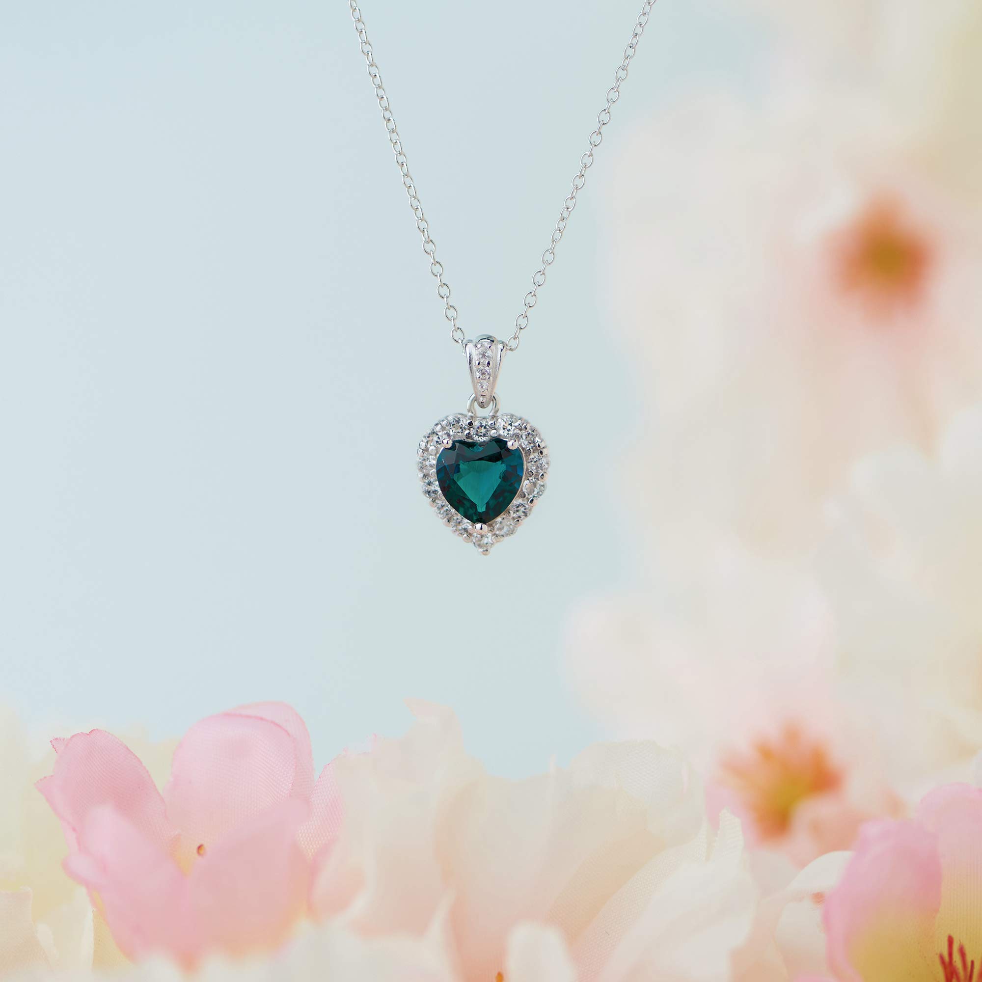 MORGAN & PAIGE Platinum-Plated .925 Sterling Silver Lab-Grown Emerald 1/2" Heart Pendant with White Topaz Halo on 18" Chain Necklace - May Birthstone