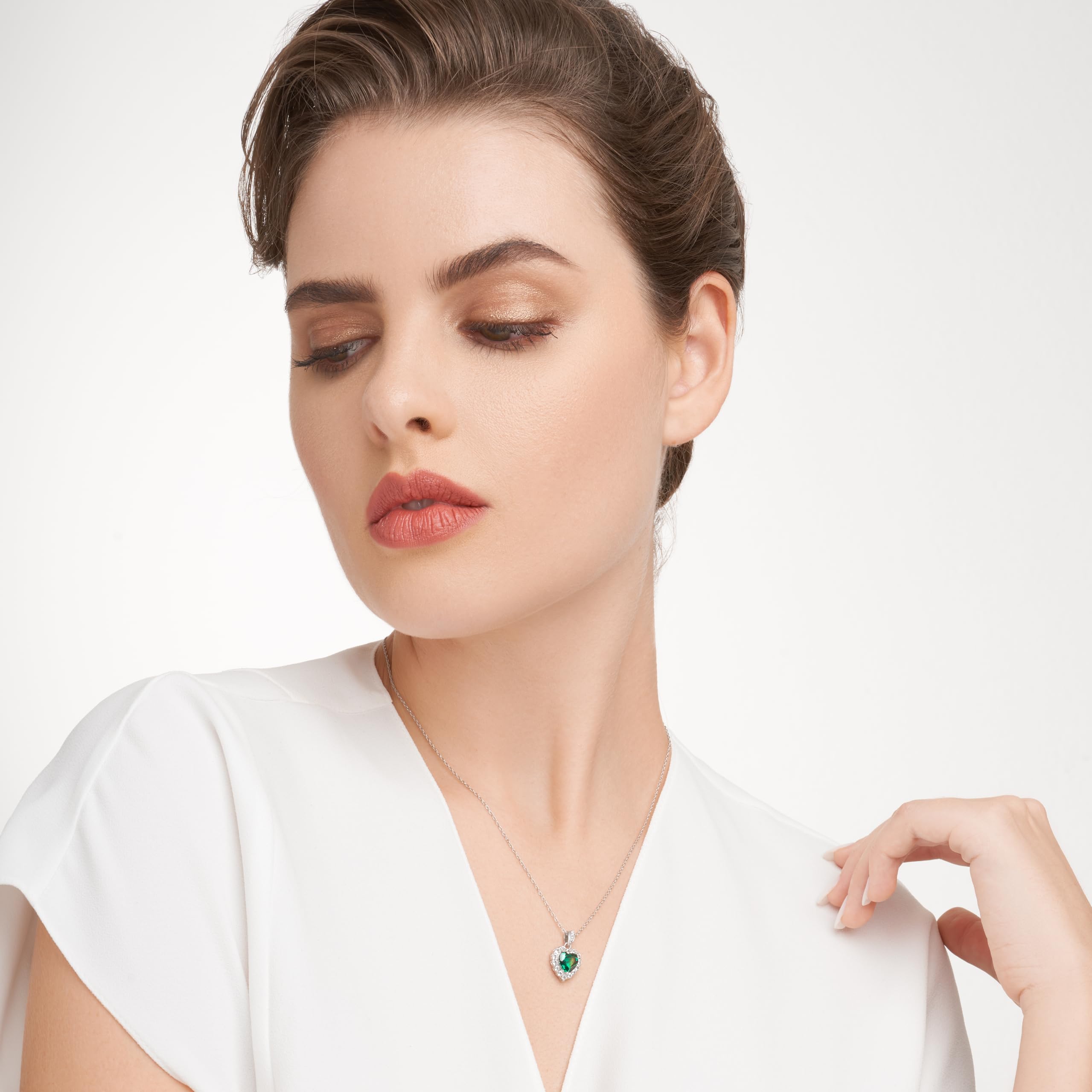 MORGAN & PAIGE Platinum-Plated .925 Sterling Silver Lab-Grown Emerald 1/2" Heart Pendant with White Topaz Halo on 18" Chain Necklace - May Birthstone