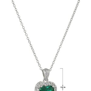 MORGAN & PAIGE Platinum-Plated .925 Sterling Silver Lab-Grown Emerald 1/2" Heart Pendant with White Topaz Halo on 18" Chain Necklace - May Birthstone