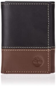 timberland mens leather trifold wallet with id window, black/brown (hunter), one size