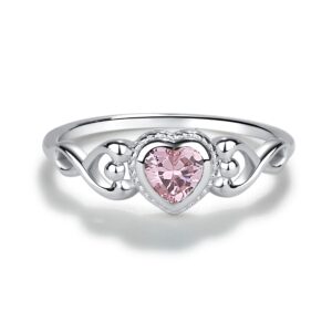 precious pieces sterling silver october cz simulated birthstone baby ring with heart for little girls, kids and toddlers (size 4)