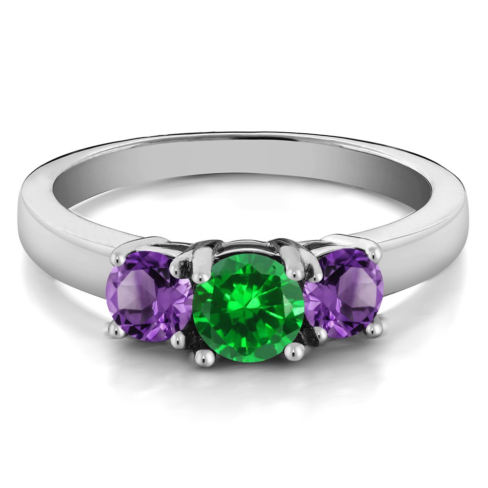 Gem Stone King 1.34 Cttw Green Simulated Emerald and Purple Amethyst 3-Stone Ring For Women Set In 925 Sterling Silver | Gemstone Birthstone | Available In Size 5,6,7,8,9