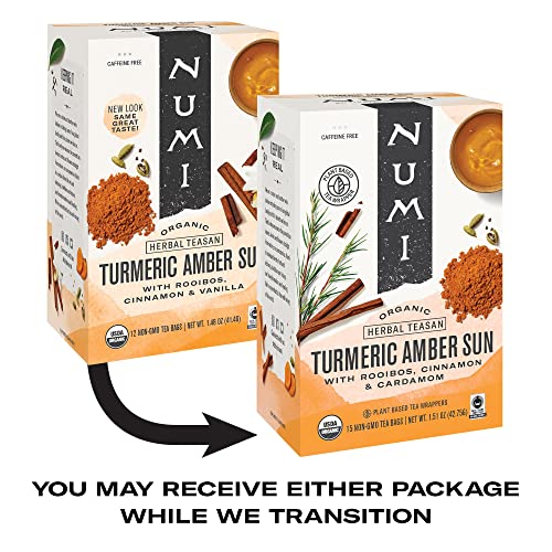 Numi Organic Amber Sun Turmeric Tea, 15 Tea Bags (Pack of 3), With Rooibos & Spices, Herbal Tea (Packaging May Vary).