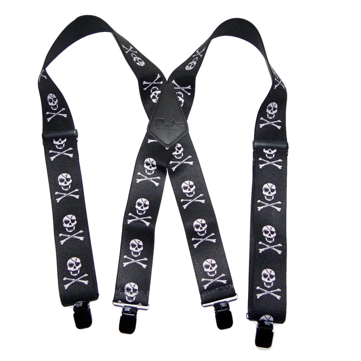 Holdup Suspender Company 2" wide Biker Skull & Crossbones Suspenders for Men with Patented Jumbo black metal no-slip Clips