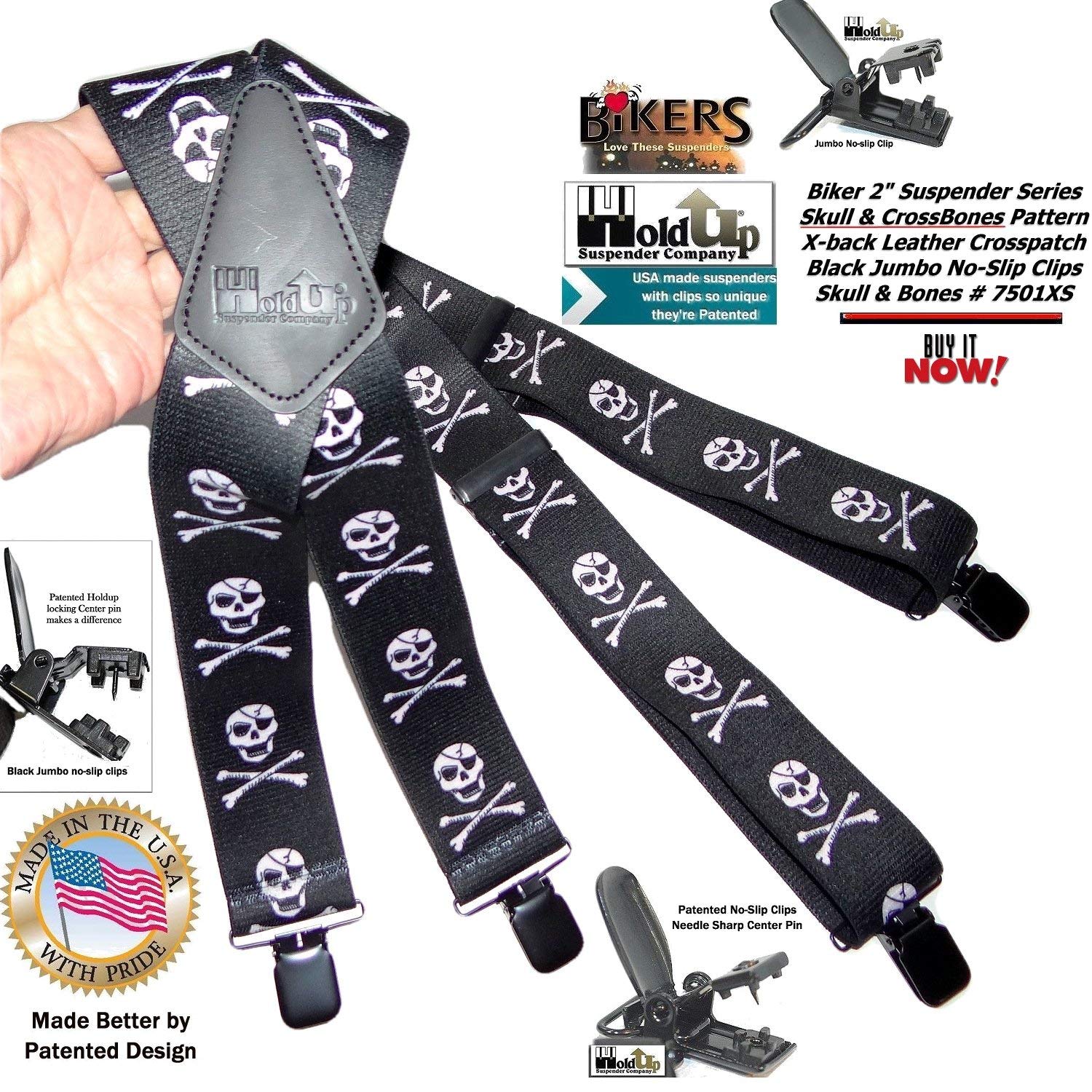 Holdup Suspender Company 2" wide Biker Skull & Crossbones Suspenders for Men with Patented Jumbo black metal no-slip Clips