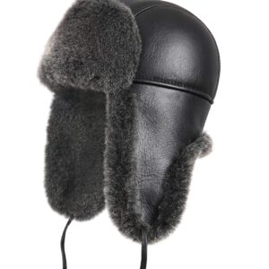 Zavelio Unisex Shearling Sheepskin Leather Aviator Russian Ushanka Trapper Winter Fur Hat Large Black