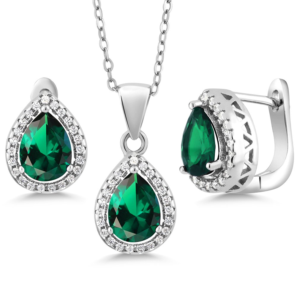 Pendant and Earrings Jewelry Set For Women | 925 Sterling Silver | Blue Simulated Sapphire Green Nano Emerald or Red Created Ruby | 6.50 Cttw | Pear Shape 9X7MM | with 18 Inch Silver Chain)