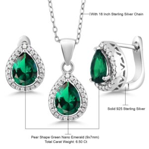 Pendant and Earrings Jewelry Set For Women | 925 Sterling Silver | Blue Simulated Sapphire Green Nano Emerald or Red Created Ruby | 6.50 Cttw | Pear Shape 9X7MM | with 18 Inch Silver Chain)