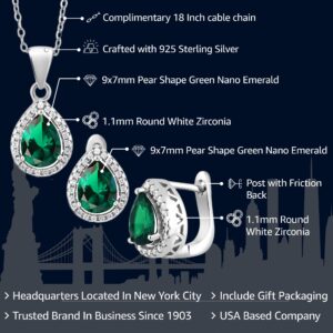 Pendant and Earrings Jewelry Set For Women | 925 Sterling Silver | Blue Simulated Sapphire Green Nano Emerald or Red Created Ruby | 6.50 Cttw | Pear Shape 9X7MM | with 18 Inch Silver Chain)