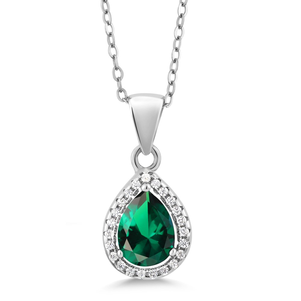 Pendant and Earrings Jewelry Set For Women | 925 Sterling Silver | Blue Simulated Sapphire Green Nano Emerald or Red Created Ruby | 6.50 Cttw | Pear Shape 9X7MM | with 18 Inch Silver Chain)