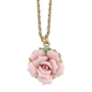 1928 jewelry genuine pink porcelain rose pendant necklace for women 16" + 3" extender