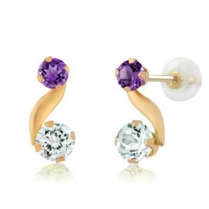 Gem Stone King 14K Yellow Gold Sky Blue Aquamarine and Purple Amethyst Earrings For Women |0.64 Cttw | Gemstone Birthstone | Round 4MM and 3MM