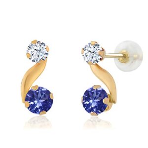 Gem Stone King 14K Yellow Gold Blue Tanzanite and White Topaz Earrings | 0.88 Cttw | Gemstone Birthstone | Round 4MM and 3MM | Gold Earrings For Women