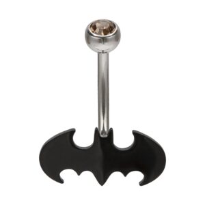 dc comics officially licensed unisex stainless steel cutout batman logo 316l surgical navel rings with fixed black batman symbol at the bottom.