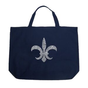 la pop art word art large tote bag - fleur de lis - popular louisiana cities navy blue