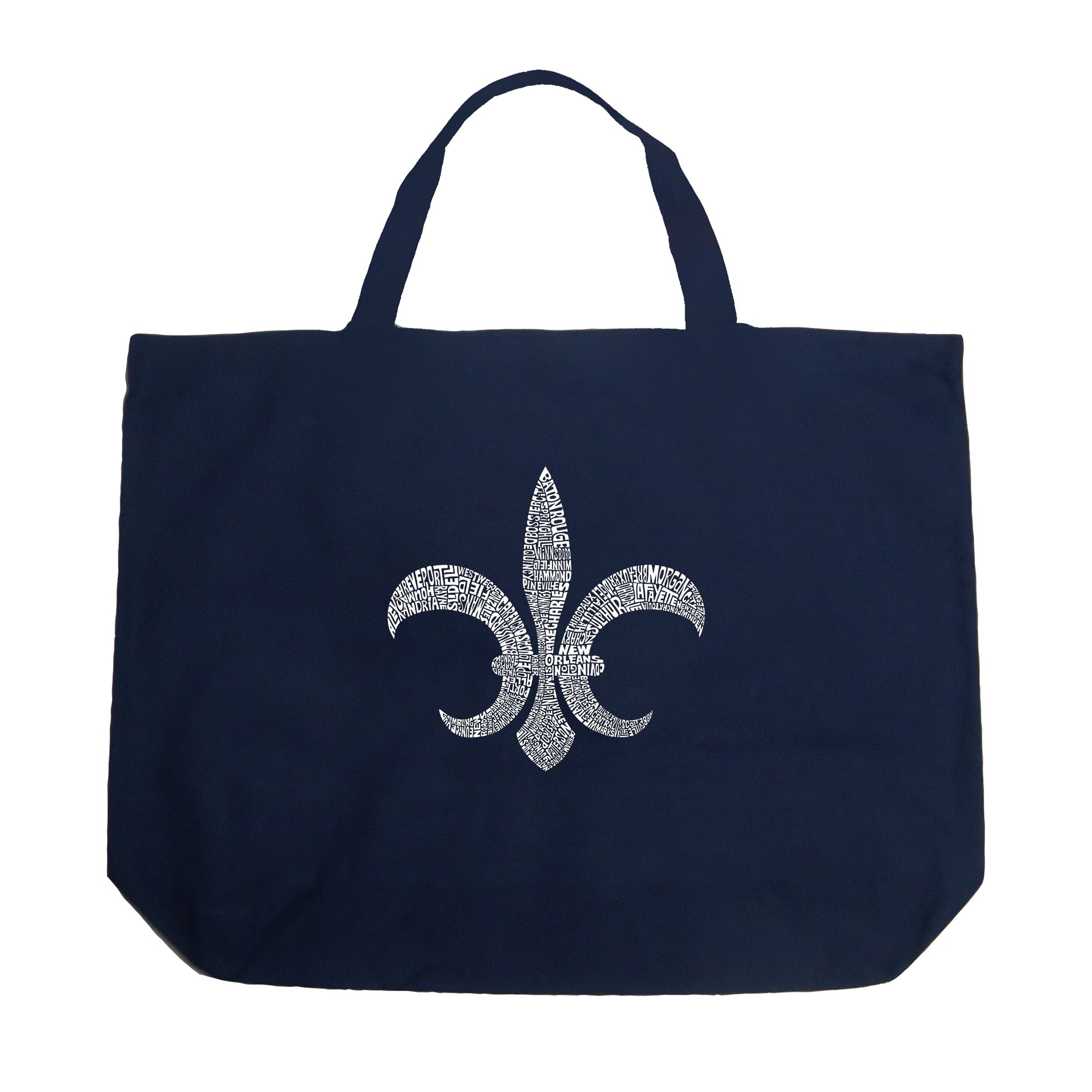 LA POP ART Word Art Large Tote Bag - Fleur De Lis - Popular Louisiana Cities Navy Blue