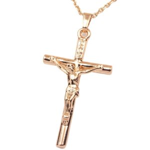 FC JORY Women Men Rose Gold Plated None Stone Jesus Christ Crucifix Cross Pendant Chain Necklace