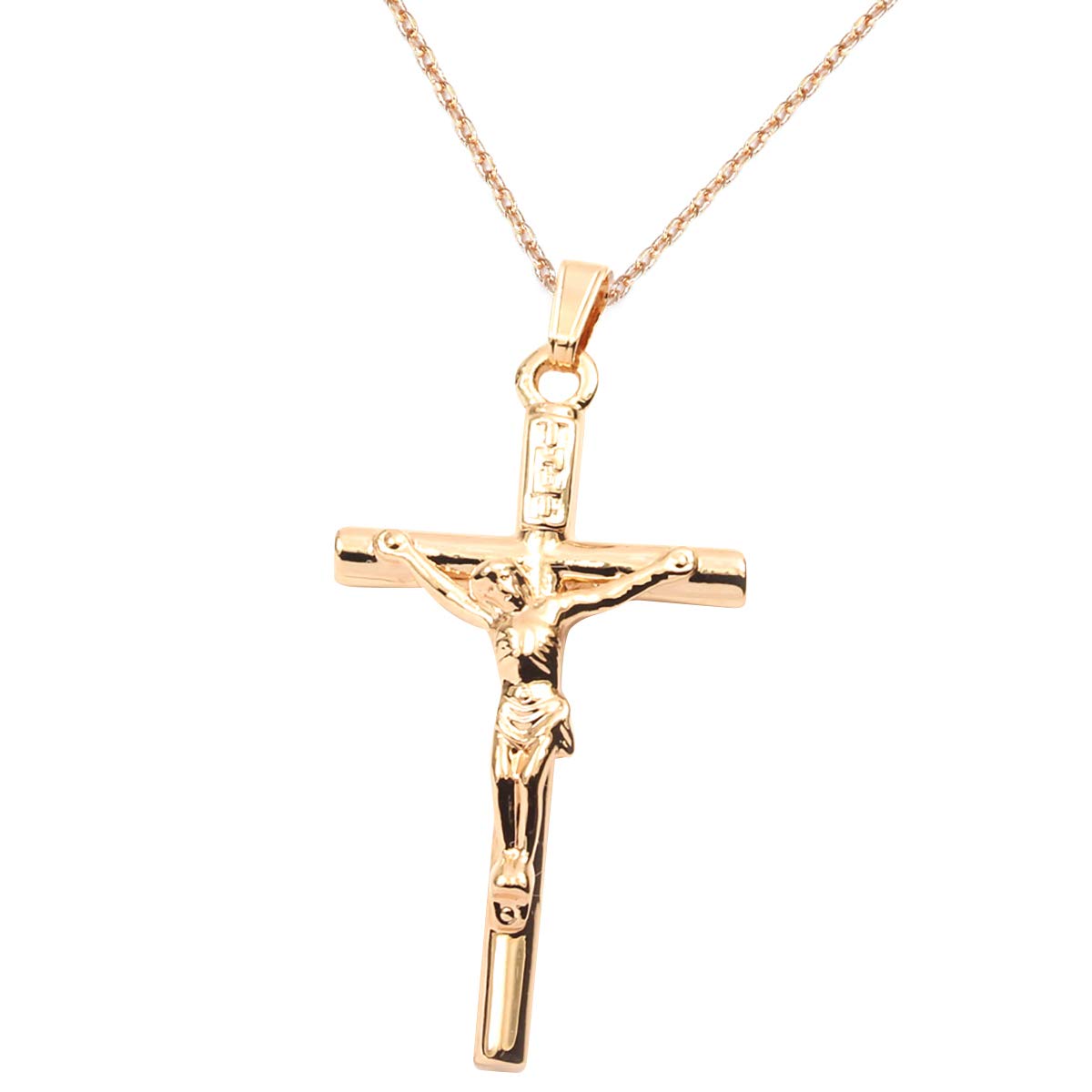 FC JORY Women Men Rose Gold Plated None Stone Jesus Christ Crucifix Cross Pendant Chain Necklace