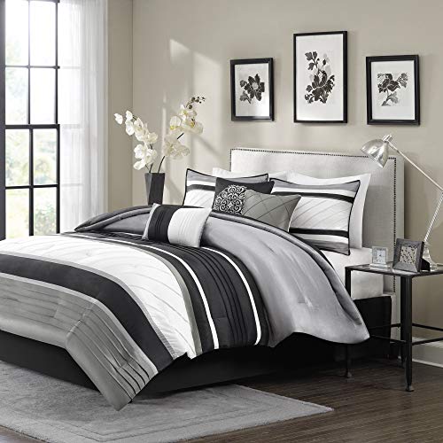 Madison Park Blaire Cozy Comforter Set-Luxurious Faux Silk Traditional Pieced Design All Season Down Alternative Bedding with Matching Shams, Decorative Pillow, Queen (90 in x 90 in), Grey 7 Piece