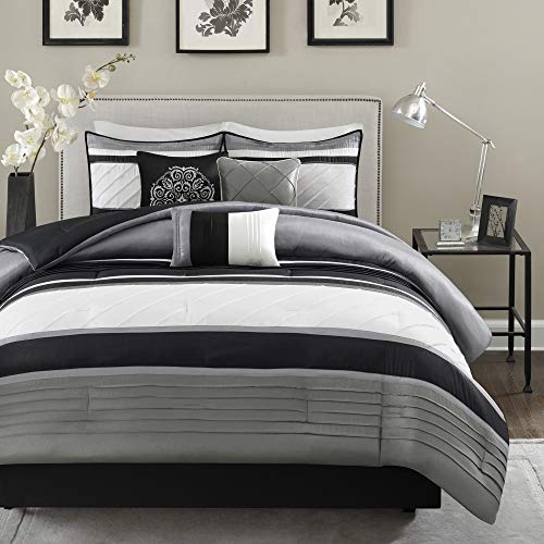 Madison Park Blaire Cozy Comforter Set-Luxurious Faux Silk Traditional Pieced Design All Season Down Alternative Bedding with Matching Shams, Decorative Pillow, Queen (90 in x 90 in), Grey 7 Piece