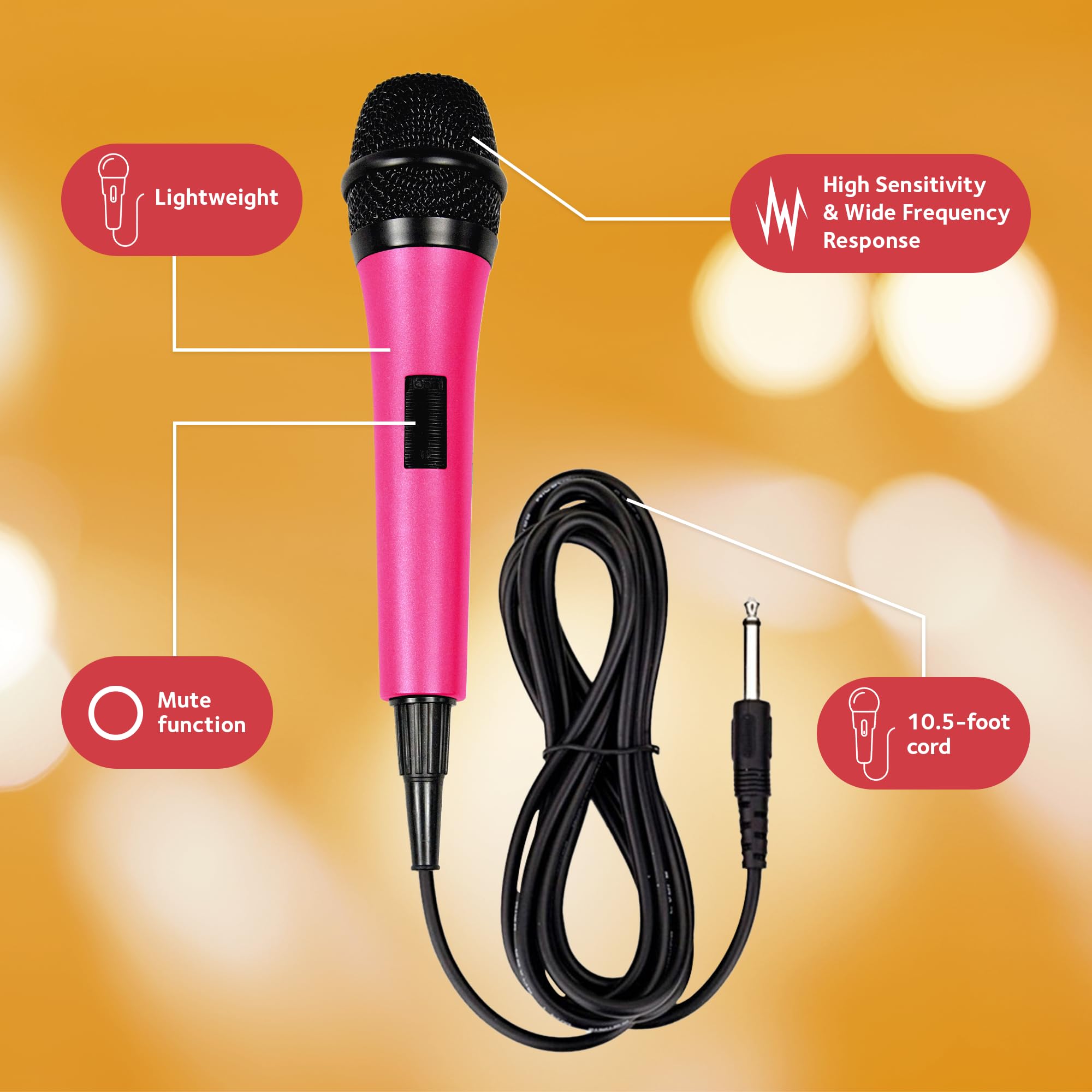 Singing Machine Wired Microphone for Karaoke, (Pink) - Unidirectional Dynamic Vocal Microphone - Plug-In Microphone for Karaoke Machine, AMP, & Speaker - Mic for Singing, Public Speaking, & Parties