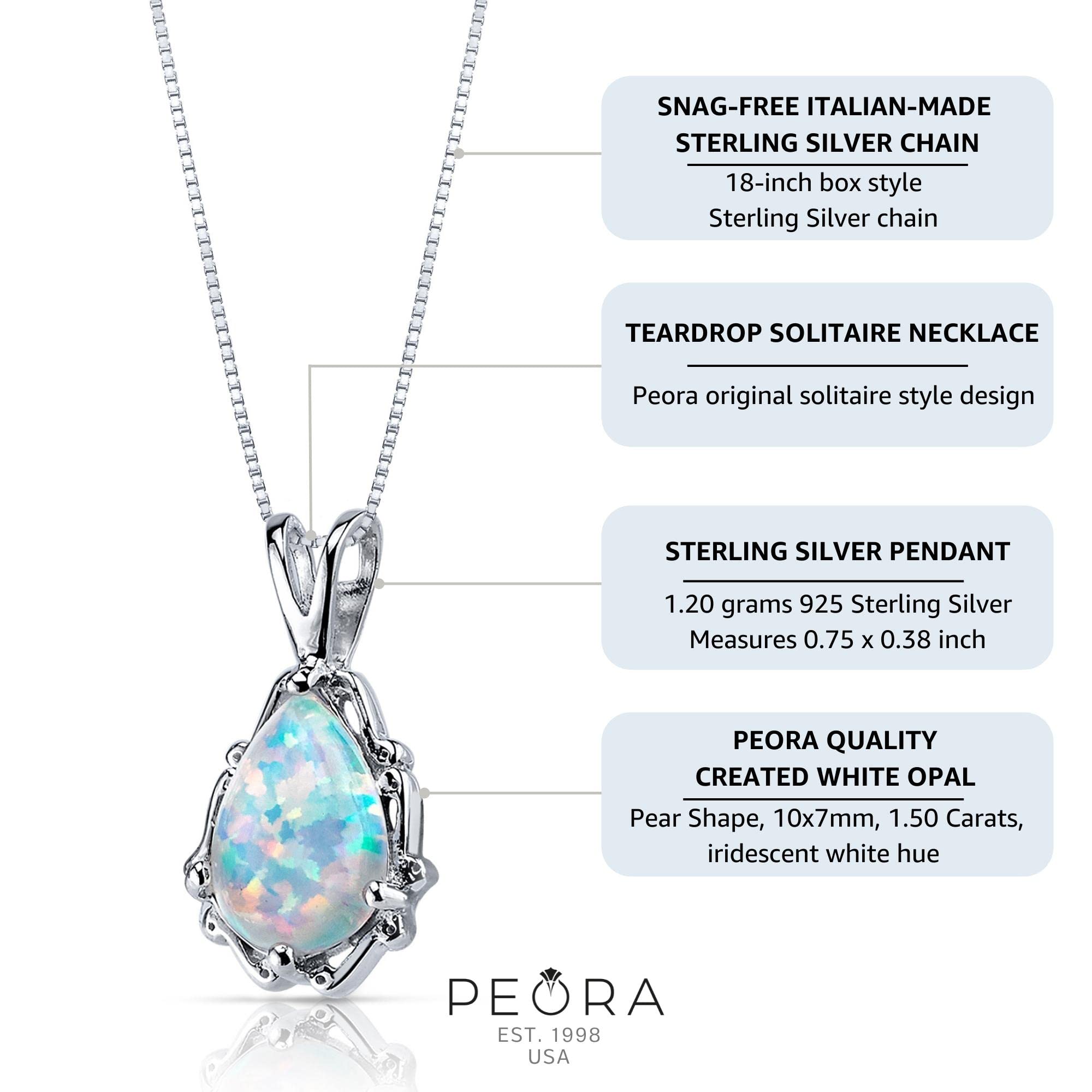 PEORA Created White Fire Opal Pendant Necklace 925 Sterling Silver, Solitaire Teardrop, 1.50 Carats Pear Shape 10x7mm with 18 inch Chain