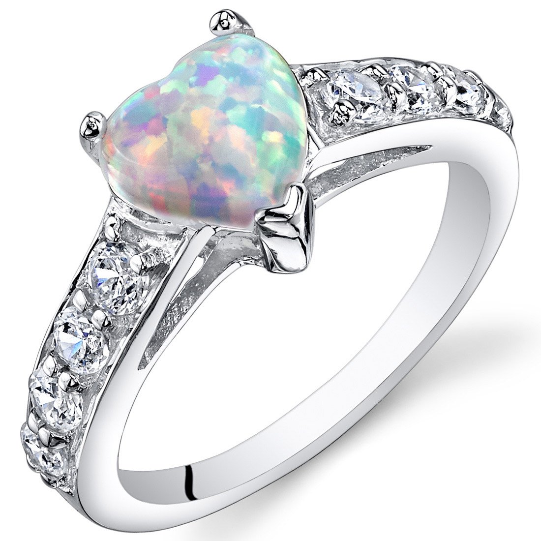 PEORA Created White Fire Opal Sweetheart Ring for Women 925 Sterling Silver, 1 Carat Heart Shape 7mm, Comfort Fit, Size 8