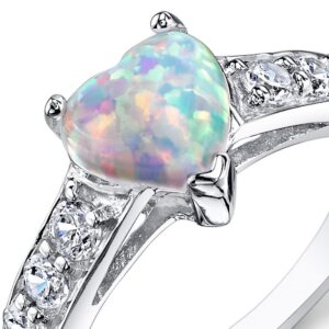 PEORA Created White Fire Opal Sweetheart Ring for Women 925 Sterling Silver, 1 Carat Heart Shape 7mm, Comfort Fit, Size 8