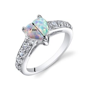 PEORA Created White Fire Opal Sweetheart Ring for Women 925 Sterling Silver, 1 Carat Heart Shape 7mm, Comfort Fit, Size 8